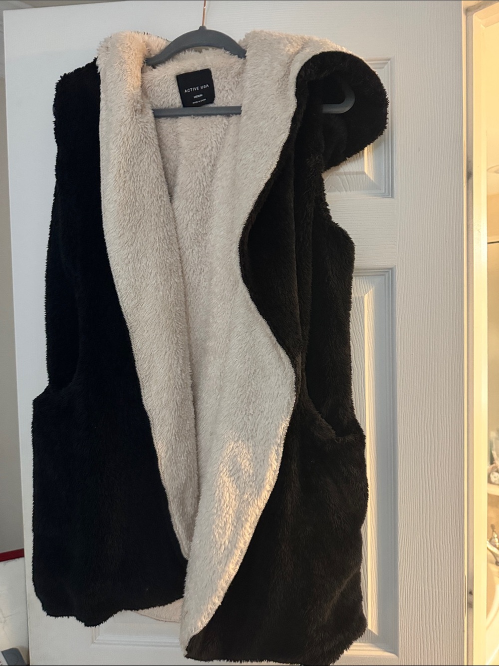 Active USA Reversible Faux Fur Hooded Vest in Black and Cream